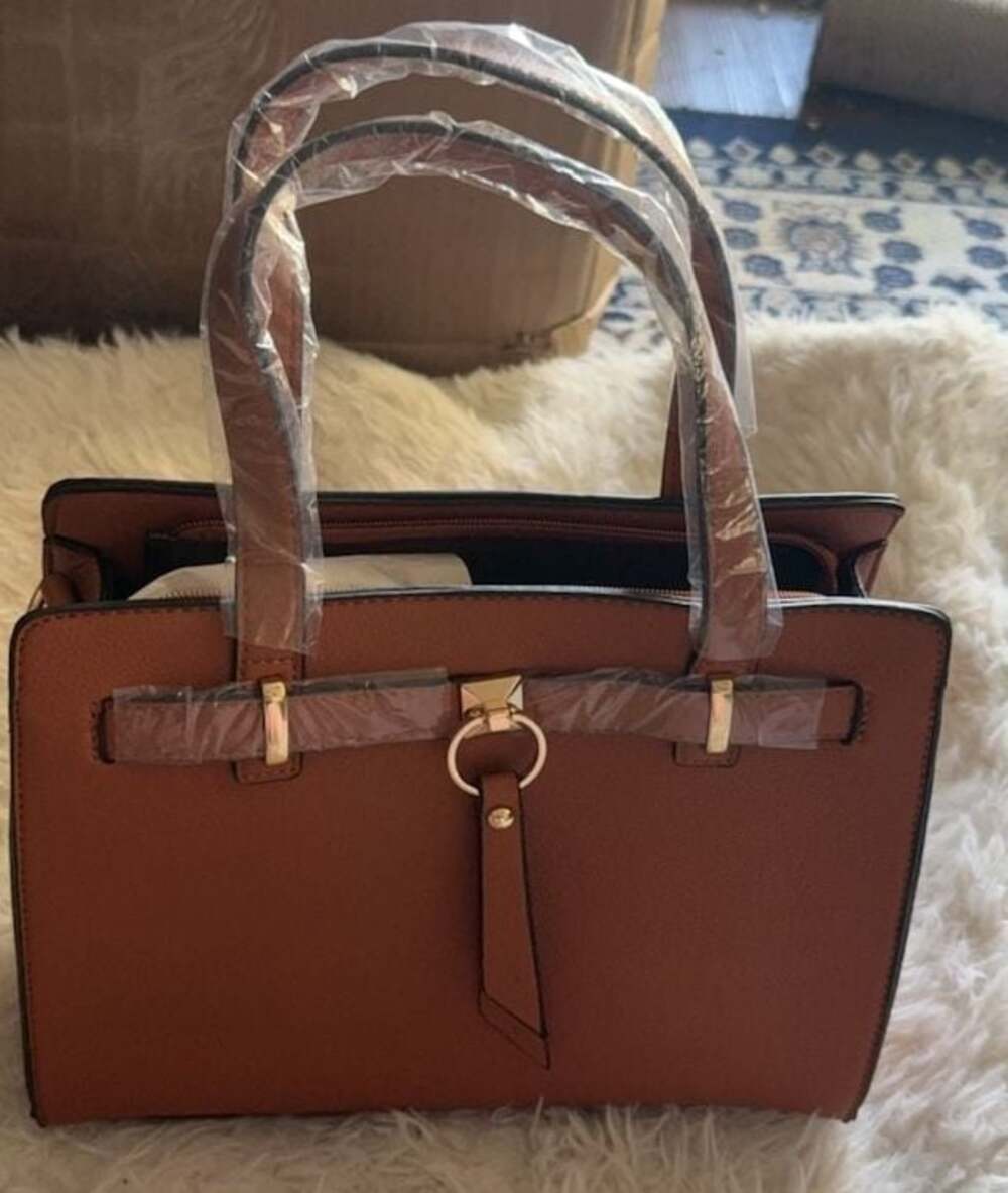 Tan Faux Leather Structured Satchel Handbag with Gold Tone Hardware